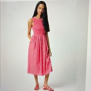 NWT J. Crew Smocked Boatneck Lined Midi Dress Cerise Lotus Bloom